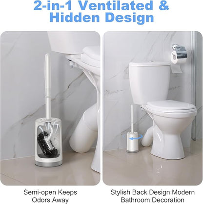 HAMITOR Toilet Bowl Brush Holder Set: Curved Design with Holder for Deep Cleaning Under Rim - Compact Hidden Scrubber for Small Space - Modern RV Bathroom Accessories - White 1 Pack