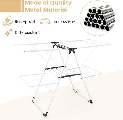 GOFLAME Clothes Drying Rack, 2-Tier Folding Laundry Drying Rack with Height-Adjustable Wings, 33 Drying Rails, Middle Sock Clips, Side Wave-shaped Bars, Freestanding Laundry Hanger, No Assembly Needed