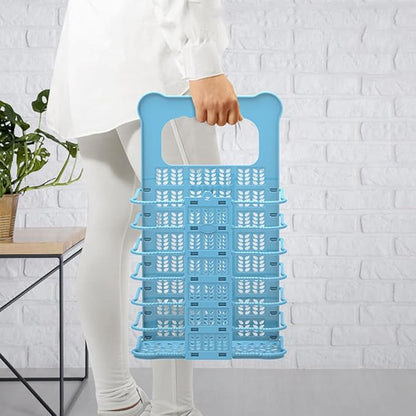 Folding Laundry Hamper Small Blue Plastic Wall Hanging Dirty Clothes Basket Collapsible Storage Organizer for Laundry Room and Bedroom