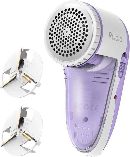 Ruidla Fabric Shaver Lint Shaver Defuzzer, Electric Lint Remover, Rechargeable Sweater Shaver with Replaceable Stainless Steel 3-Leaf Blades, Dual Protection, Removable Bin, (Micro-b Charging)