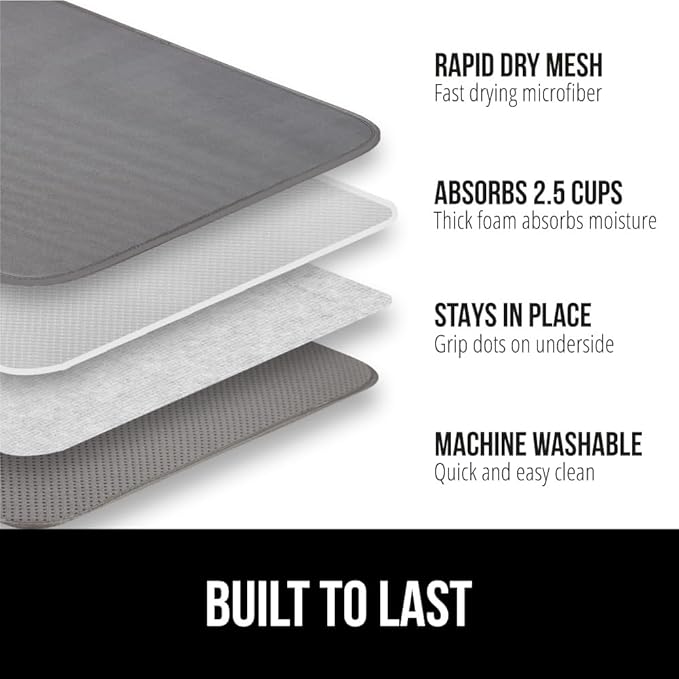 GORILLA GRIP Ultra Water Absorbent Microfiber Dish Drying Mat, 18x24, Quick Dry Thick Mesh, Slip Resistant Pad for Sink Dishes or Under Rack, Kitchen Counter Accessories, Machine Wash, 2 Pack Gray