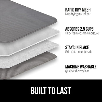 GORILLA GRIP Ultra Water Absorbent Microfiber Dish Drying Mat, 18x24, Quick Dry Thick Mesh, Slip Resistant Pad for Sink Dishes or Under Rack, Kitchen Counter Accessories, Machine Wash, 2 Pack Gray
