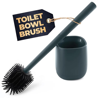 Toilet Brush and Holder Set - Silicone Toilet Brush Cleaner with Dark Grey Holder Base, Compact Accessory for Small Spaces - Easy to Place & Simple to Store After Use, Plastic Bathroom Cleaning Tool