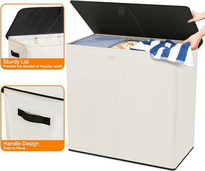 WOWLIVE Laundry Hamper with Lid,180L Large Laundry Basket 3 Section with Removable Washing Bags,Collapsible Waterproof Dirty Clothes Hamper for Laundry Room Bathroom Dorm,Beige
