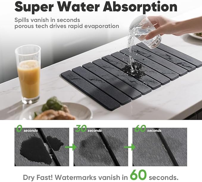 Stone Drying Mat for Kitchen Counter, Quick Diatomaceous Earth Mats for Dishes, 24" x 16" W Super Absorbent Fast-Drying Collapsible Countertop Stone Mat (Marble Grey, Extra Large)