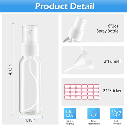 Zoizocp Spray Bottles, 2oz/50ml Clear Empty Fine Mist Plastic Mini Travel Bottle Set, Small Refillable Liquid Containers with 2pcs Funnels and 24pcs Labels (6 Pack)