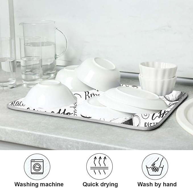 Coffee Cups Print Dish Drying Mat for Kitchen Counter Absorbent Microfiber Drying Pad, Large 18x24 in, Reversible Drainer Mats
