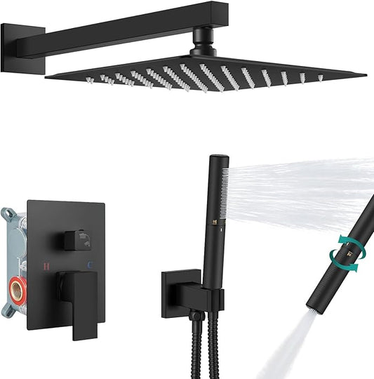 Aolemi Shower Faucet Set, High Pressure Shower System with 2-in-1 Handheld Sprayer, Wall Mount Fixture Combo with Rough-in Valve, 16 Inch Shower Head, Matte Black