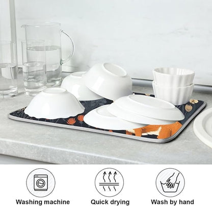 Dish Drying Mat Kitchen Counter Absorbent Two Foxes Coffee Sink Mat Dish Drainer Pad 18 Inch x 24 Inch