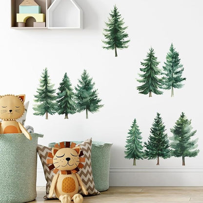 Watercolor Pine Tree Wall Decals Green Pine Tree Wall Sticker Forest Nature Woodland Home Decor for Nursery Bedroom Living Room
