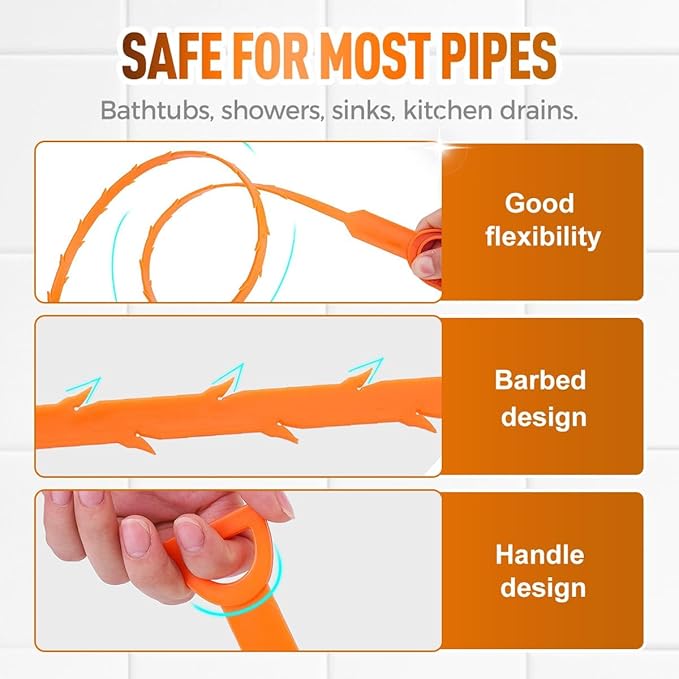 25 Inch Flexible Drain Snake Set, Professional Hair & Clog Remover Tool for Bathroom & Kitchen, Easy-to-Use Sink Cleaner with Comfort Grip for Home (20 Pcs)