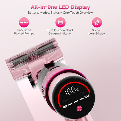 Cordless Vacuum Cleaner: Portable 6-in-1 Stick Vacuum with Anti-Tangle Brush, LED Headlight, Self-Standing, HD Display, Rechargeable Vacuum for Pet Hair, Low-Pile Carpet and Hardwood Floor-Dark Pink