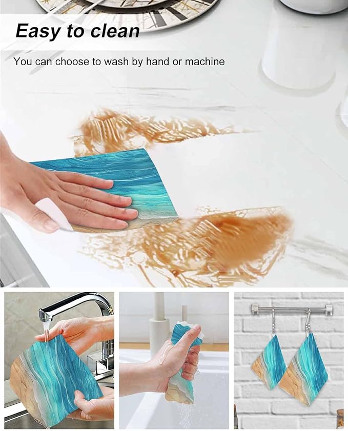 8 Pack Abstract Turquoise Kitchen Dish Cloths, Ocean Beach Waves Lines Gradient Dishcloths for Kitchen, Reusable Paper Towels, Super Absorbent Quick Drying Washcloths Cleaning Wipes, 6x5 inch