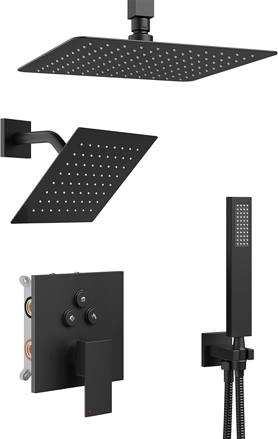 Black Shower System, Shower Faucet Set with 3 In 1 Push Button Valve, Shower Faucet included 10" Ceiling Shower Head and 8" Wall-Mount Shower Head with Handheld Spray, Matte Black