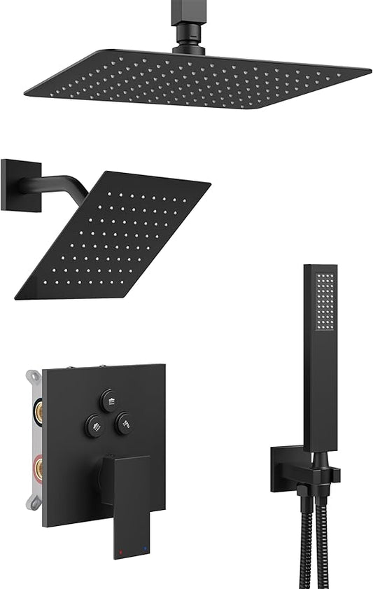 Black Shower System, Shower Faucet Set with 3 In 1 Push Button Valve, Shower Faucet included 10" Ceiling Shower Head and 8" Wall-Mount Shower Head with Handheld Spray, Matte Black