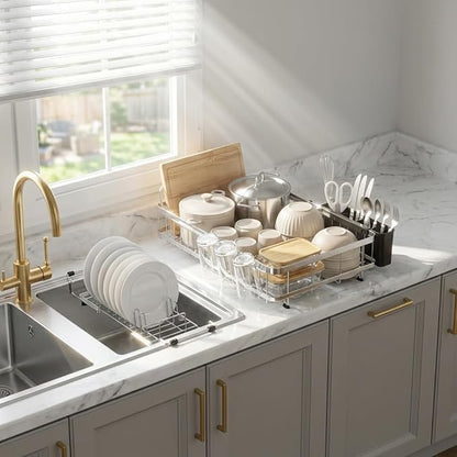 GSlife Large Capacity Expandable Dish Drying Rack with Absorbent Mat, 2-Piece Stainless Steel Dish Drainer Set for Counter with Removable Over Sink Rack, Family Size 15" W x 16.5"-21.5" L, Silver