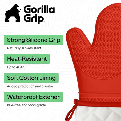 GORILLA GRIP BPA-Free Soft Silicone Oven Mitts, Heat Resistant and Waterproof Cooking Gloves, Thick Cotton Lining, Flexible Gripping for Baking Grilling, Kitchen Potholders Set of 2, 12.5x8.3, Coral