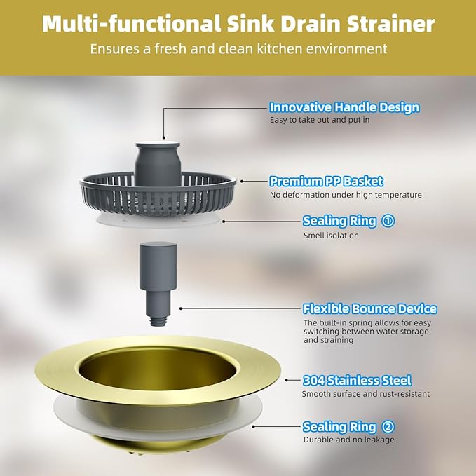 Hibbent 2 Pack Upgraded 3 in 1 Kitchen Sink Drain Strainer and Stopper Combo, Stainless Steel Metal Pop Up Sink Stopper, Anti-Clogging Basket Strainer for US Standard 3-1/2 Inch Drain, Brushed Gold