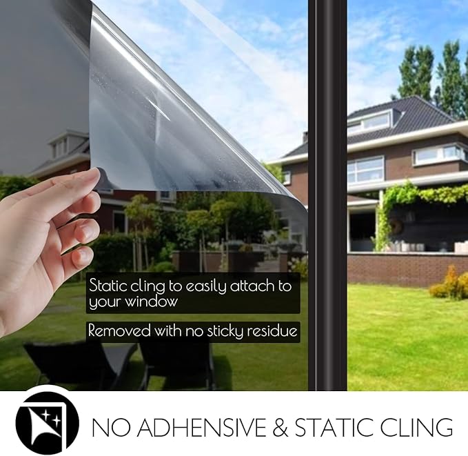 HIDBEA One Way Privacy Window Film, Daytime Mirror Reflective Heat Control UV Sun Blocking Non-Adhesive Static Cling Window Tint for Home and Office (Black-Silver, 17.5 Inch x 13.1 Feet)