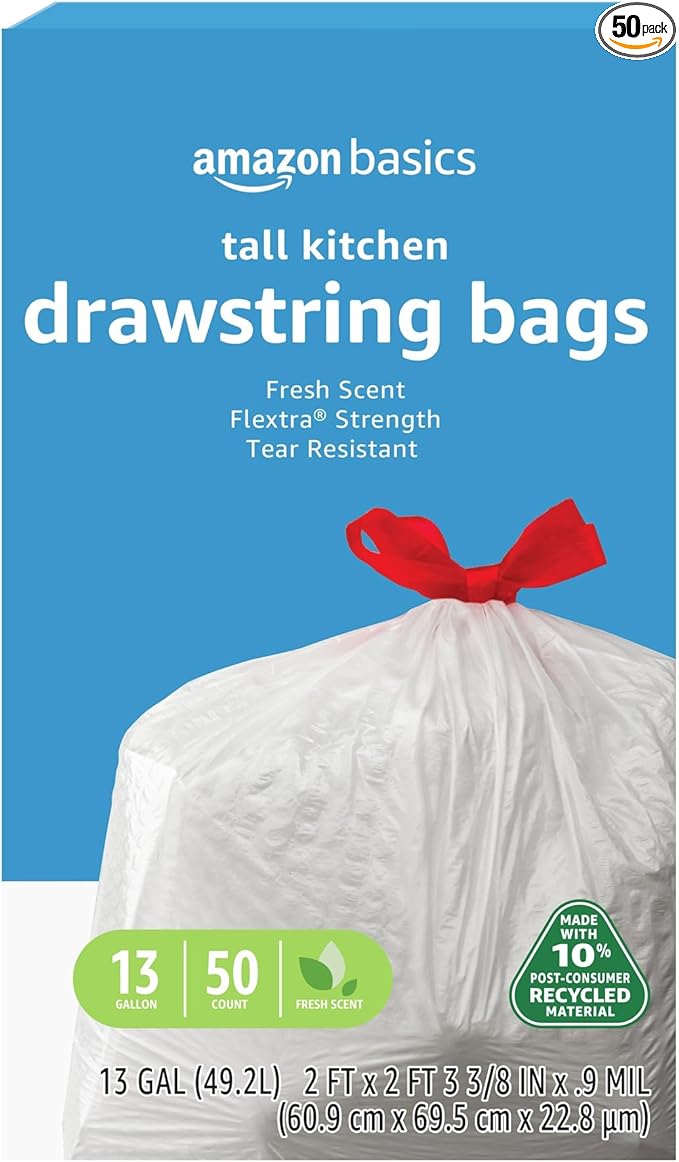 Amazon Basics 13 Gallon Tall Kitchen Drawstring Trash Bags, Flextra Strength, Clean Fresh Scent, Tear Resistant, 10% Post-Consumer Recycled Content, 50 Count