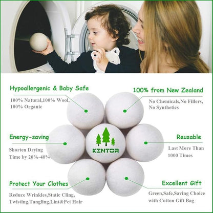 KINTOR Wool Dryer Balls XL 6 Pack, 100% New Zealand Wool Organic Fabric Softener, Hypoallergenic Baby Safe Unscented, Chemical Free Reduce Wrinkles Static Cling, Shorten Drying Time (XL-6pack)