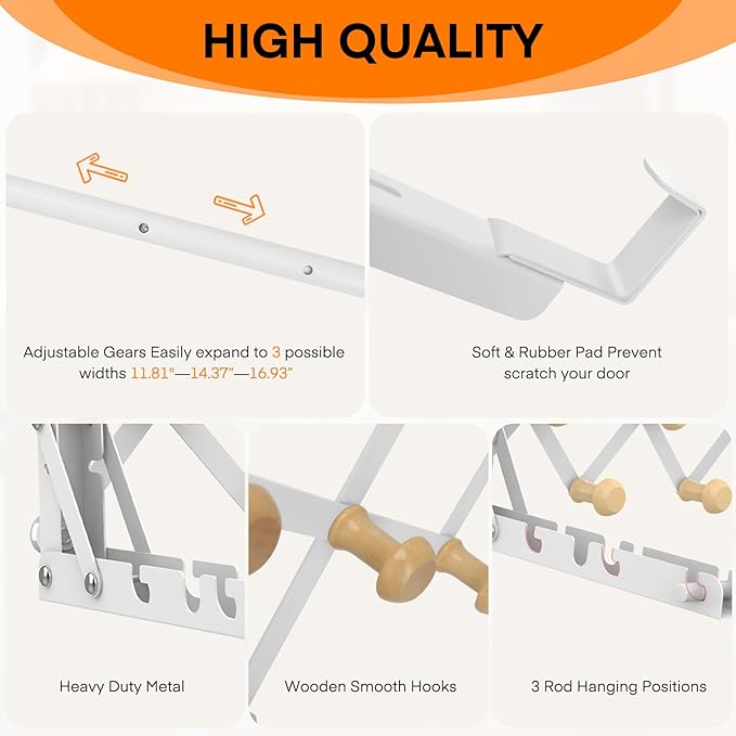 FYY Over The Door Drying Rack for Clothing - Collapsible Folding Over-Door Towel Hanger Multifunctional Expandable Clothes Drying Rod with 7 Hooks for Hanging Use in Bedroom Dorm Bathroom Laundry