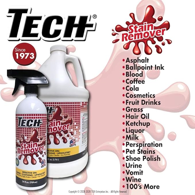 TECH Multi-Purpose Stain Remover | For Carpet, Clothes, Baby, Furniture, Pet, Laundry, Rug Stains | Red Wine, Blood, Coffee, Armpit Stain Remover All-In-One Solution | (3 Pack of 8oz Bottles)