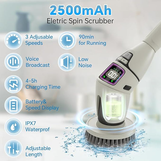 10-in-1 Electric Spin Scrubber for Cleaning, Voice Broadcast Rechargeable Power Scrubber, Aquarium Cleaner, Cordless Shower Cleaner Brush for Tile/Bathtub/Floor/Shoes/Car-Light Gray