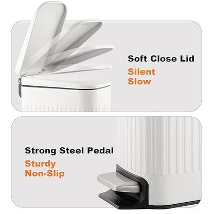 Bathroom Trash Can with Toilet Brush - 1.6 Gallon Slim Stainless Steel Garbage Can, Small Wastebasket for Bathroom, Office, Bedroom, Silicone Toilet Brush Included, White