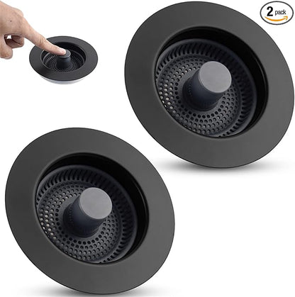 Universal 3 in 1 Kitchen Sink Drain Strainer Stopper Combo, 2PCS Matteblack Stainless Steel Shell Pop Up Sink Stopper for US Standard 3-1/2 inch Drain Filter, Anti-Clog and Easy Clean
