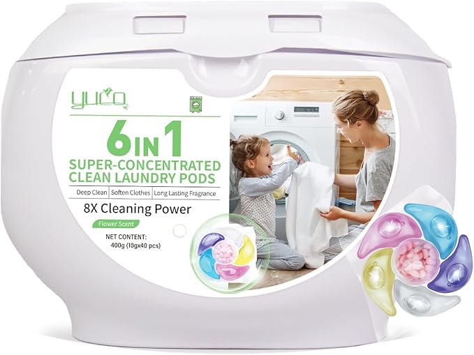 YUCO Pods Laundry Detergent Hypoallergenic,Powerful 6IN1 Detergent Pod,Scent Beads New Formula,Helps to Keep Garment Fresh Clean,Soft and Fragrant (1 Box of 40 Pod,Net 10g/pod,Net 400g)
