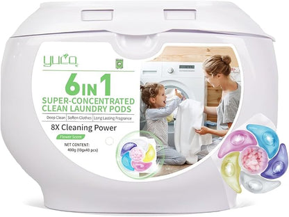 YUCO Pods Laundry Detergent Hypoallergenic,Powerful 6IN1 Detergent Pod,Scent Beads New Formula,Helps to Keep Garment Fresh Clean,Soft and Fragrant (1 Box of 40 Pod,Net 10g/pod,Net 400g)