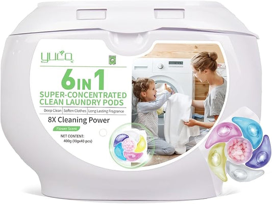 YUCO Pods Laundry Detergent Hypoallergenic,Powerful 6IN1 Detergent Pod,Scent Beads New Formula,Helps to Keep Garment Fresh Clean,Soft and Fragrant (1 Box of 40 Pod,Net 10g/pod,Net 400g)