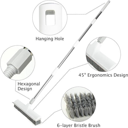 Floor Brush, 2-in-1 Scraping Brush,with 59.8" Long-Handled Adjustable Floor Brush, Suitable for Cleaning Kitchen, Bedroom, Shower Room, Floor, Tile Patios, Outdoor Patio, Terrace (White)