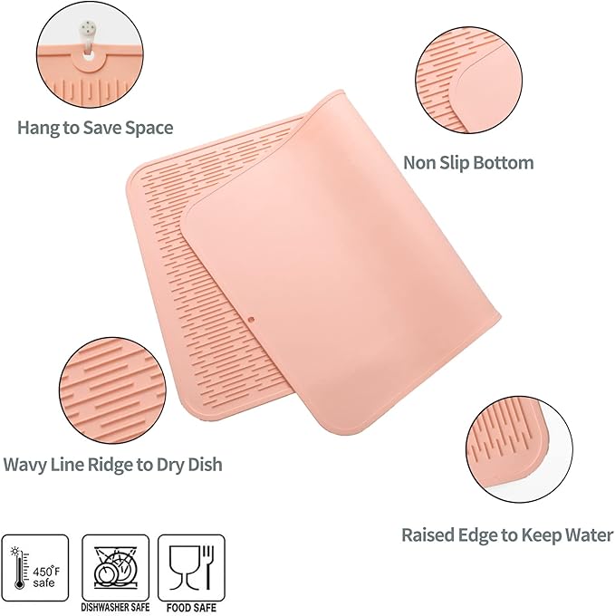 MicoYang Silicone Dish Drying Mat for Multiple Usage,Easy clean,Eco-friendly,Heat-resistant Silicone Mat for Kitchen Counter or Sink,Refrigerator or Drawer Liner Pink 4XL 32 inches x 18 inches