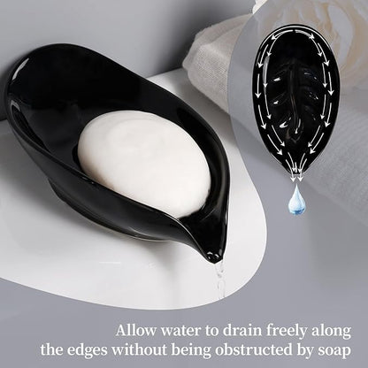 Soap Dish, Self Draining Soap Dishes 2PCS, Leaf Shape Ceramic Bar Soap Holder Drain Soap Dishes for Bathroom Sink Kitchen, Easy to Clean Keeps Soap Dry, Black, ANTIS'S HOME
