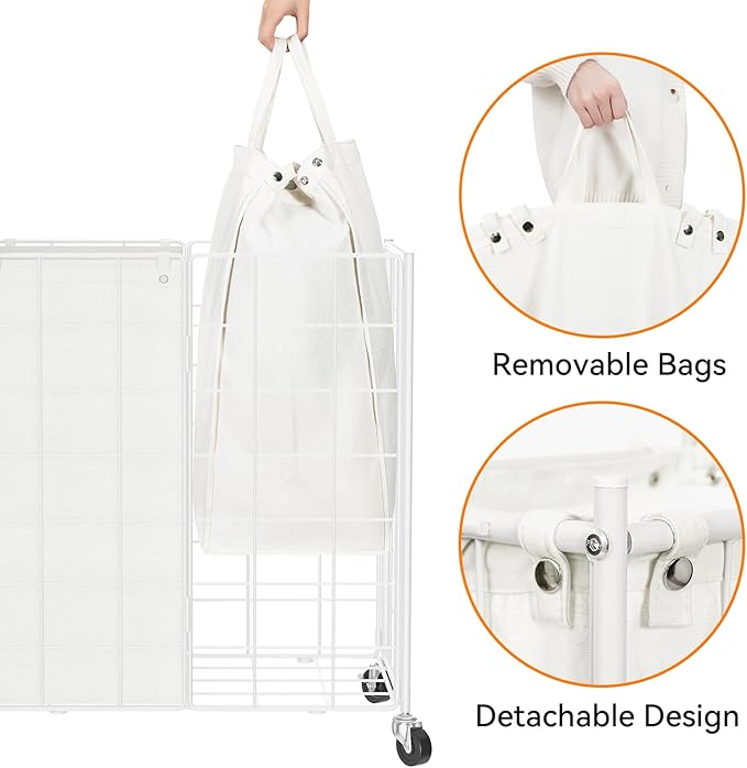 WOWLIVE Double Laundry Hamper with Wheels,Metal Wire Frame Rolling Laundry Basket with 2 Removable bags,120L Dirty Clothes Hamper Organizer Dorm Room Storage for Bedroom,Bathroom,White