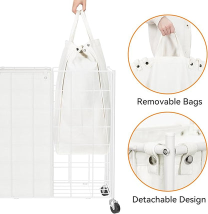 WOWLIVE Double Laundry Hamper with Wheels,Metal Wire Frame Rolling Laundry Basket with 2 Removable bags,120L Dirty Clothes Hamper Organizer Dorm Room Storage for Bedroom,Bathroom,White