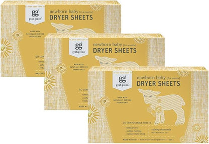 Grab Green Newborn Baby Dryer Sheets - Natural Scent Booster and Fabric Softener to Reduce Wrinkles and Static (Calming Chamomile Scent, 120 Sheets Total)