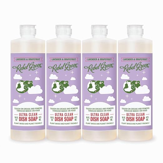 Rebel Green Super Deluxe Dish Soap - Natural Dishwashing Soap - Liquid Dish Detergent - Sustainable Dish Liquid Scented with Lavender & Grapefruit - (16 oz Bottles, 4 Pack)