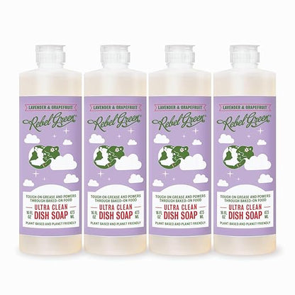 Rebel Green Super Deluxe Dish Soap - Natural Dishwashing Soap - Liquid Dish Detergent - Sustainable Dish Liquid Scented with Lavender & Grapefruit - (16 oz Bottles, 4 Pack)