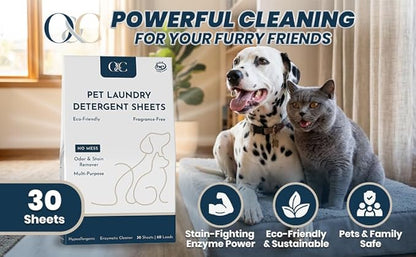 Pet Laundry Detergent Sheets Enzyme Based Odor & Pet Urine Remover-Pet Safe Laundry Sheets-Stain Eliminator-HE Washer Friendly-60 Loads-Carpet & Upholstery Cleaner