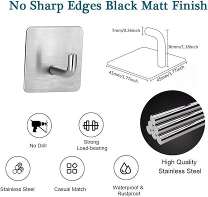 Adhesive Towel Hooks, 8 Pack Self Adhesive Coat Sticky Hooks for Hanging, Stainless Steel Stick on Wall Hat Hook, Bathrooms Kitchen Livingroom Garage, Silver