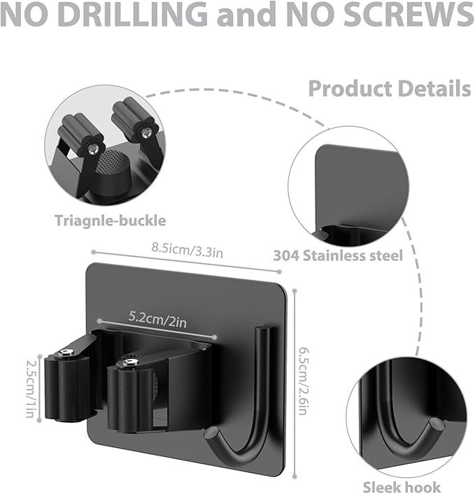 homeasy Mop Broom Holder No Drill, Mop Broom Organizer Wall Mounted Heavy Duty with Hooks Hanger, Self Adhesive Stainless Steel 6Pcs for Bathroom, Kitchen, Office (Black)