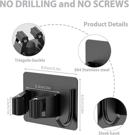 homeasy Mop Broom Holder No Drill, Mop Broom Organizer Wall Mounted Heavy Duty with Hooks Hanger, Self Adhesive Stainless Steel 6Pcs for Bathroom, Kitchen, Office (Black)