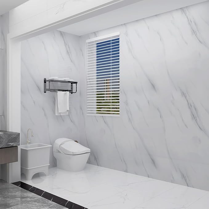 JSEVEM 16"×197" Thick White and Grey Marble Wallpaper Peel Stick Waterproof White Gray Marble Contact Paper Vinyl Glossy Self Adhesive Granite Tile Stickers for Kitchen Cabinets Bathroom Countertops