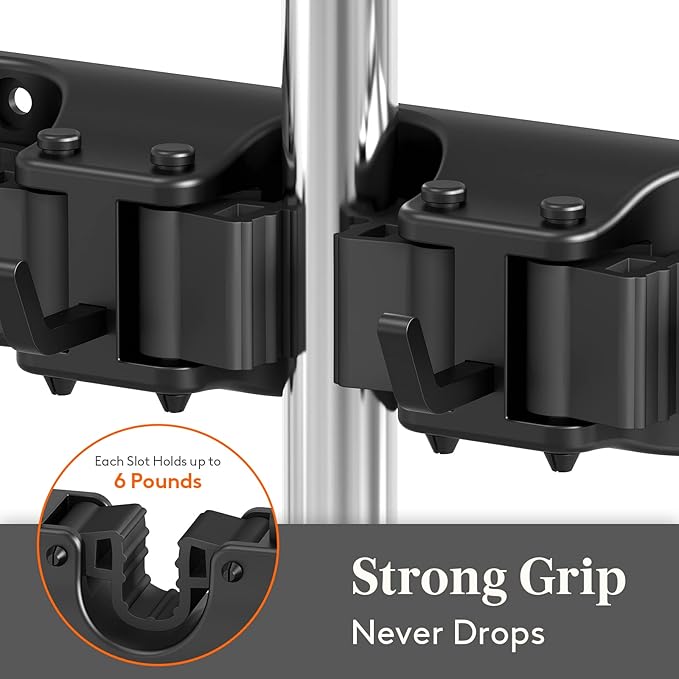 Lifewit Mop and Broom Holder Wall Mount, Anti-Slip Broom Hanger for Cleaning Supplies Organizer, Easy Install Tool Hanging Rack for Closet, Kitchen, Garage, 5 Slot 6 Hooks, Hold 30lbs, Black, 1 Pack