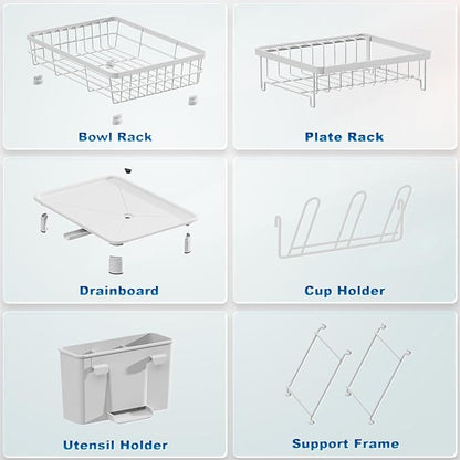 GAOKASE Dish Drying Rack, Stainless Steel-Dish Rack, Dish Racks for Kitchen Counter, Kitchen Dish Drainers with Removable Utensil Holder,New Drain Outlet,Plate Rack and Drainboard (White 3)