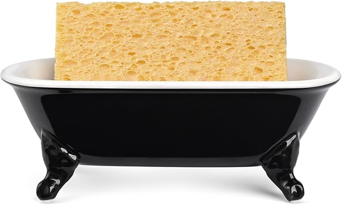 6.5" Ceramic Mini Decorative Clawfoot Bathtub Bar Soap Dish, Kitchen Sponge Holder and Shower Tray for Bathroom, 1 Pack(Black)