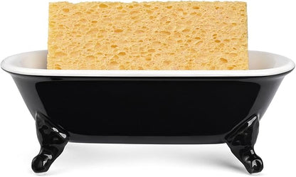 6.5" Ceramic Mini Decorative Clawfoot Bathtub Bar Soap Dish, Kitchen Sponge Holder and Shower Tray for Bathroom, 1 Pack(Black)
